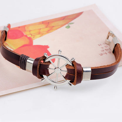Rudder Bracelet Real Cowhide String Boat Anchor Wheel Metal Punk Bracelet Jewelry 4467f243 c660 426f 8177 63aa03e64c62