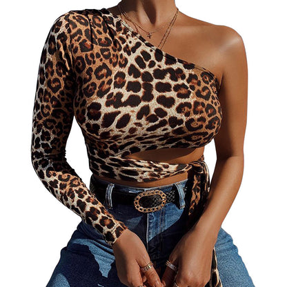 Leopard print cropped sexy slim blouse 4503424966109