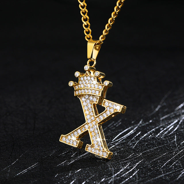 Crown Pendant Stainless Steel Letter Necklace 456630547623