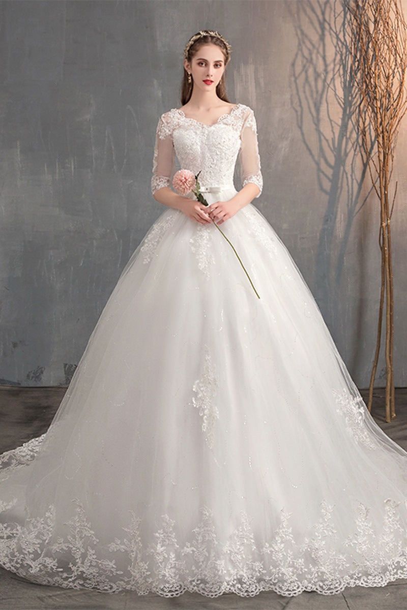 Wedding Dress Trailing Deep V Neck Lace High Waist Wedding Dress Long Sleeves 45cf5074 7d8c 4d79 8414 f2a9793c21e9