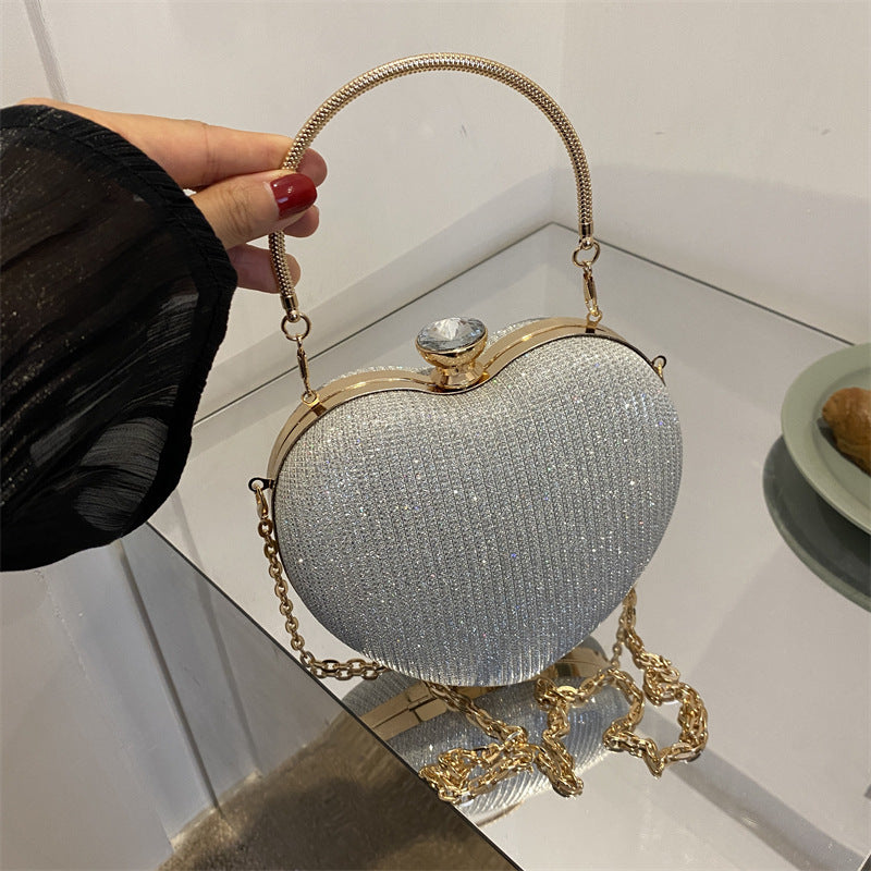 Evening Clutch Bag Women Bag Shiny Handbag Heart Shape Metal Clutches Bag Fashion Chain Shoulder Crossbody Bag Luxury Lady Pu