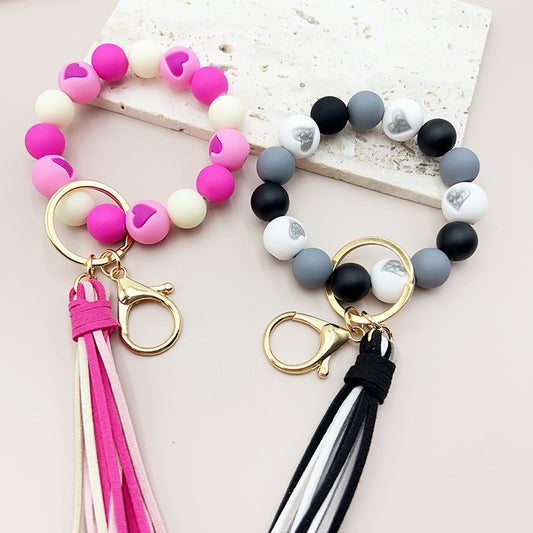 Cross-border Hot Selling Korean Velvet Tassel Cute Small Peach Heart Silicone Beads Bracelet Keychain Female Bracelet Car Sui