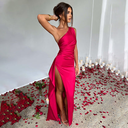 Sexy One-shoulder Backless Slit Dress Summer Elegant Slim-fit Solid Color Satin Dresses For Women 4675f824 d04f 4e2e 89f0 48e