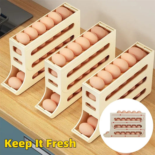 Refrigerator 4-Layer Automatic Egg Roller Sliding Egg Tray Refrigerator Side Door Large Capacity Holder Egg Storage Box Kitch