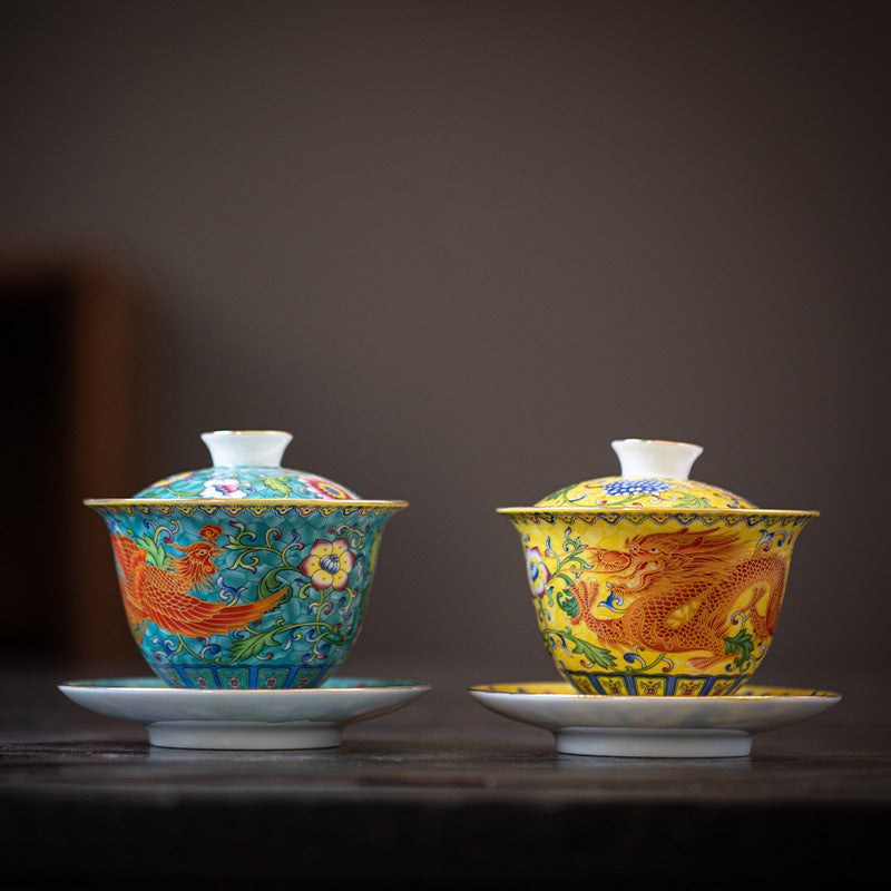 Enamel Ceramic Gaiwan Dragon And Phoenix Tea Cup 479a7f47 4db9 47c2 aa45 e7c7262c98a1