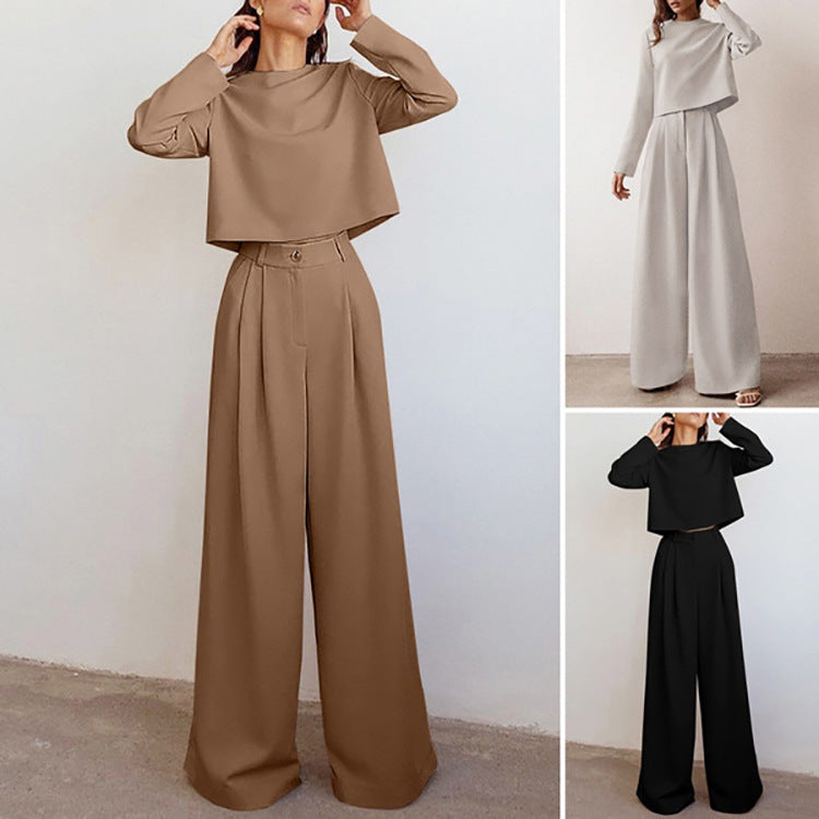Brown Fashionable Korean Style Long Sleeve Pure Color Cotton Two-piece Set 4822dd9d af81 4d39 a103 5d940245634d