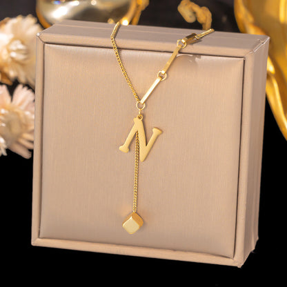 Necklace Ornament Titanium Steel Tassel 26 Letters Female Small Square Pendant Graceful Personality Jewelry 48769092 59a6 44b