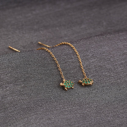 Thin Face Earlines, The New Trend Of Small Simple Tassel Earrings Long Copper Micro-green Zircon Small Turtle Earrings Pendan