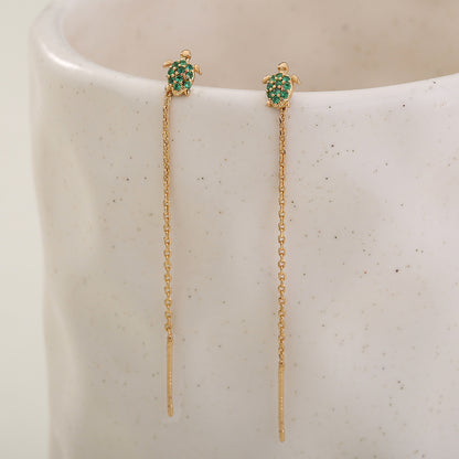 Thin Face Earlines, The New Trend Of Small Simple Tassel Earrings Long Copper Micro-green Zircon Small Turtle Earrings Pendan