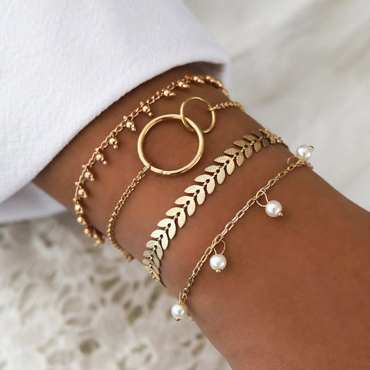 Simple Geometric Circle Wheat Ear Pearl Pendant 4-piece Set Bracelet 4adaab42 0308 4b2b 91fa 581b7393e363