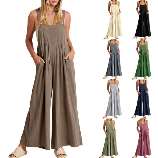 Women's Solid Color Loose Casual Cotton And Linen Suspender Jumpsuit 4c6ddb5e 2a67 4b16 846b baffe453e25d