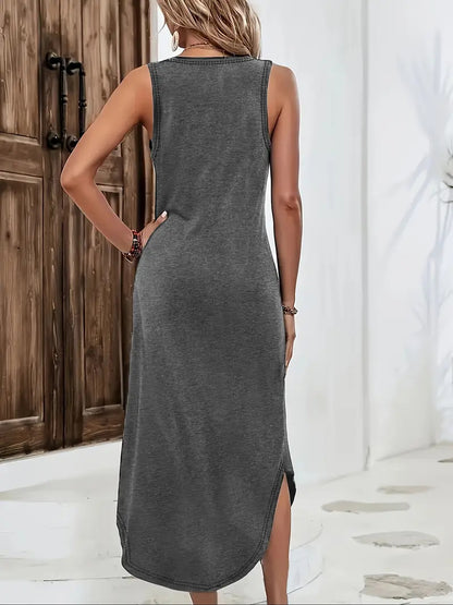 European And American Summer Women's Sleeveless V-neck Slit Mid-length Knitted Dress 4c9a9286 6493 4ac3 b53b 6d1b46c4caa4
