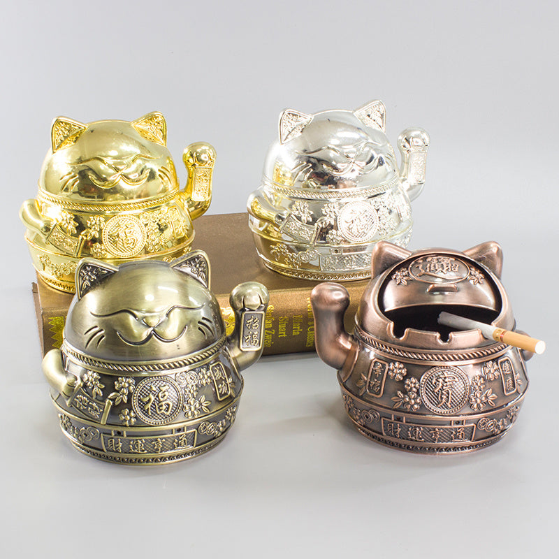 Lucky Cat Ashtray Creativity Personality Trendy Home Living Room With Cover Anti-fly Ash Uxury High-end Simple Ashtray - 图片 2