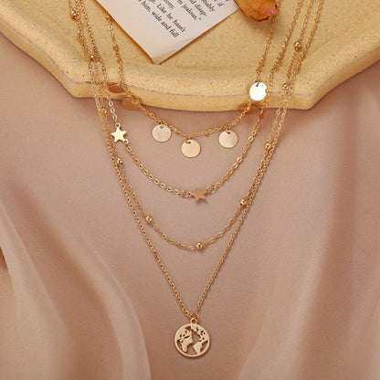 Simple Round Piece Five-Pointed Star Pendant Multilayer Necklace