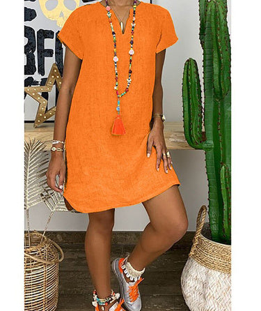 Summer Loose Solid Color Short Sleeved V Neck Cotton And Linen Dress Women 4f224741 4324 4f79 86fe b50b6ffe1c47
