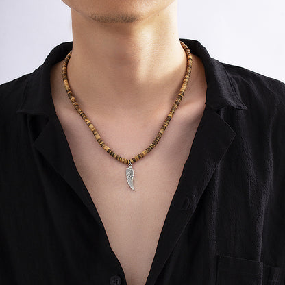 Bohemian Style Wooden Bead Stitching Necklace Men's Feather Pendant Necklace 4fd1d38b d410 4757 b8e4 5e654569f246