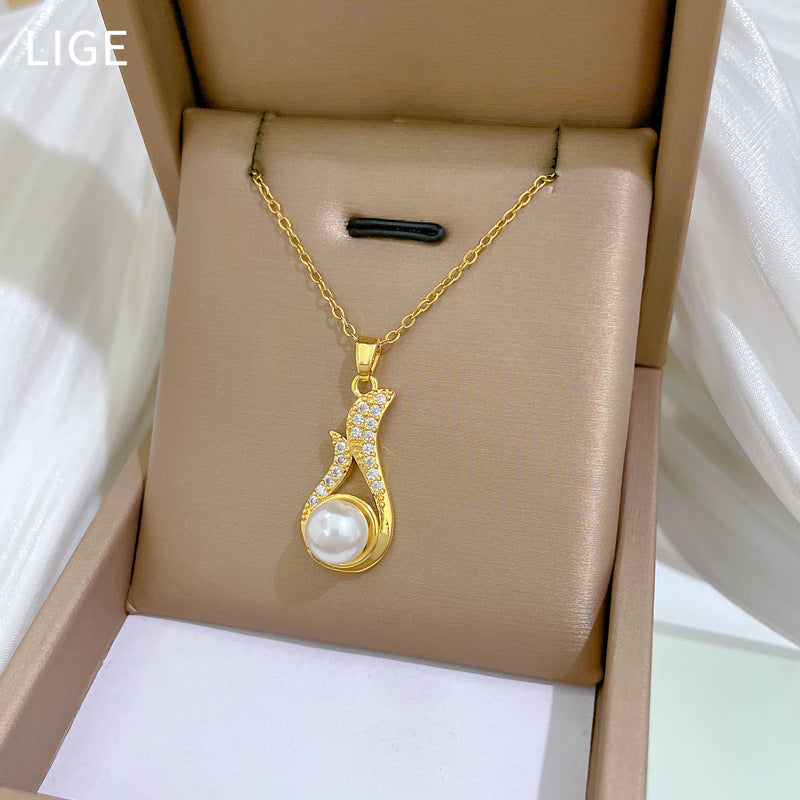 Necklace And Earrings Suite Light Luxury Full Diamond Pearl