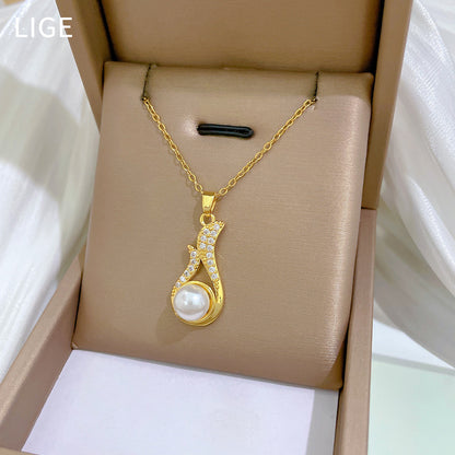 Necklace And Earrings Suite Light Luxury Full Diamond Pearl