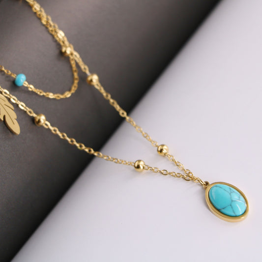 Natural Turquoise Oval Double Necklace Female 50732f93 f0ec 4b3e 90bb bb00767bb2a5