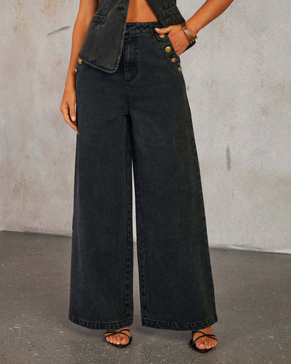 Fashion Sleeveless Denim Suit Wide Leg Pants