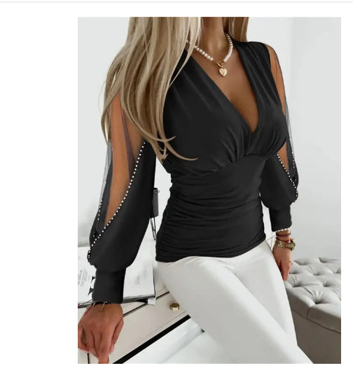 Women's Long Sleeve V-neck Lace Stitching Shirt 51889483 f28e 4be9 9681 33b202bf7de3