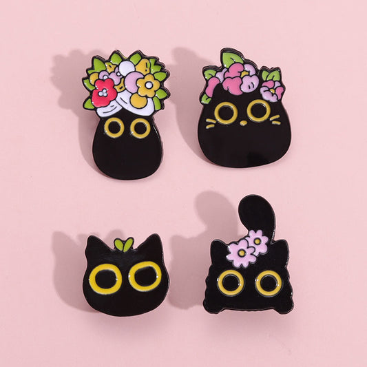 Cartoon Black Cat Flowers Series Adorkable Fashion Creative All-match Bag Clothing Ornament Badge 51c17722 8049 49a0 962b da5