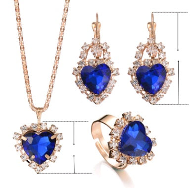 Europe And The United States Personalized Water Drop Color Diamond Necklace, Earrings, Rings Set, Shiny High-end Bridal Jewel