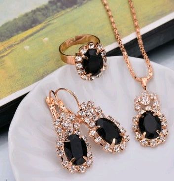 Europe And The United States Personalized Water Drop Color Diamond Necklace, Earrings, Rings Set, Shiny High-end Bridal Jewel