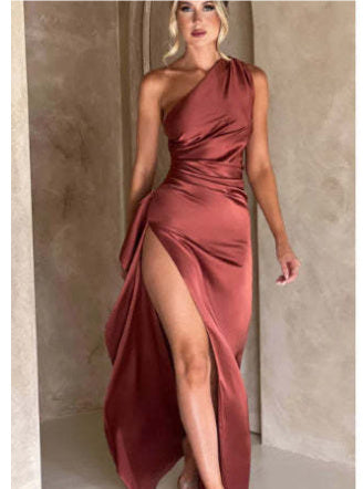 Sexy One-shoulder Backless Slit Dress Summer Elegant Slim-fit Solid Color Satin Dresses For Women 52b78f91 8ffa 43fd 8d2b 158