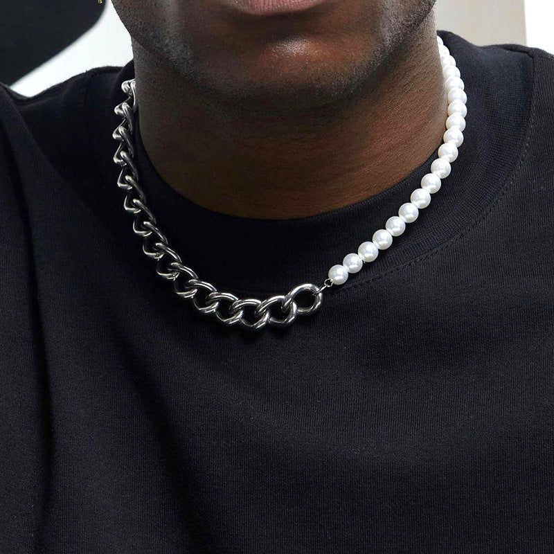 Men's Stitching Stainless Steel Cuban Chain Pearl Necklace 52cf395e d409 4e97 a511 f524f453a113