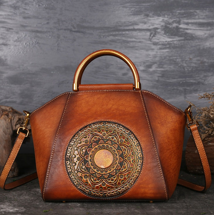 Genuine Embossed Leather Messenger Top Handle Bag Retro Handbag Totem Pattern High Quality Natural Skin Women Shoulder Tote B