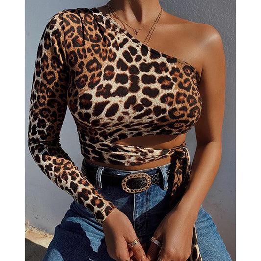Leopard print cropped sexy slim blouse 530949063221