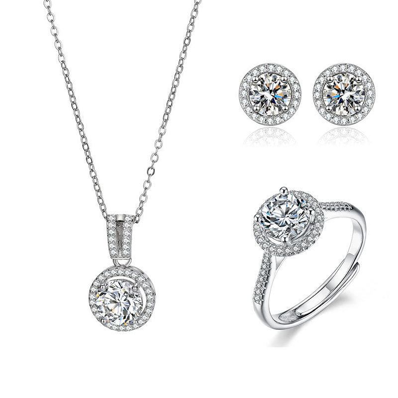 High-grade Ring Necklace Ear Stud Ornament Colored Gems Set Three-piece Set