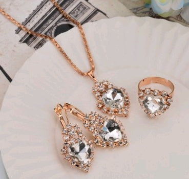 Europe And The United States Personalized Water Drop Color Diamond Necklace, Earrings, Rings Set, Shiny High-end Bridal Jewel