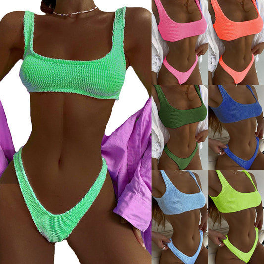 Special Fabric Crinkle Bikini Ladies Macaron Color Split Swimsuit 53771107 4c13 4e4f b129 e1d9b67ca165