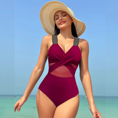 One-piece Swimsuit Women's Pure Color Mesh Bikini Swimsuit 53a4d5bc 3d02 4fc9 ac01 03532f6e533e