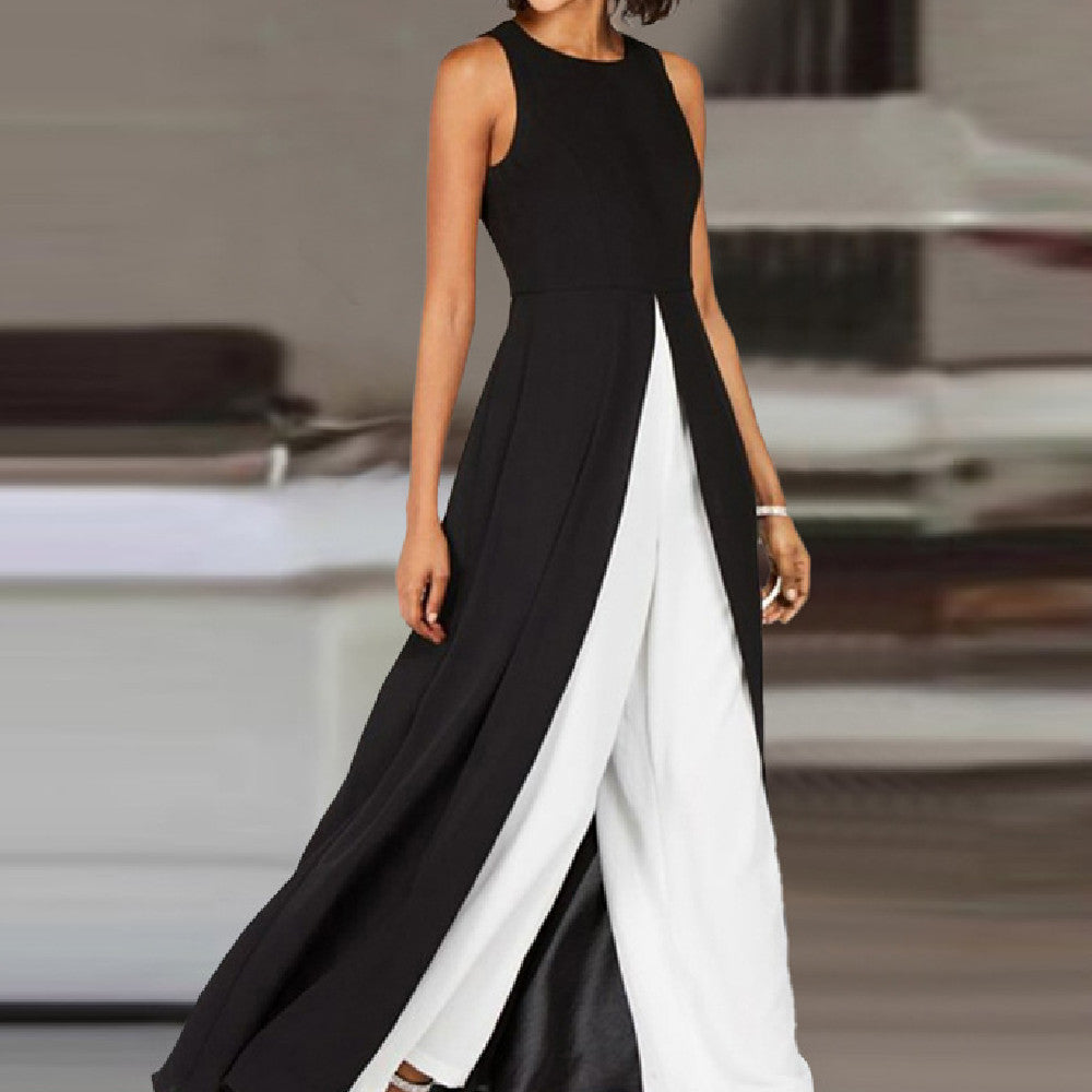 Contrast Color Black Round Neck Jumpsuit 53e5d180 dc59 4e2c b59e 52ce9f9f70d8