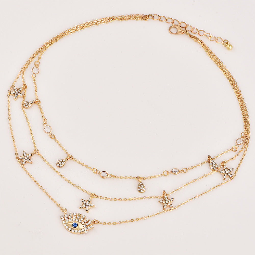 Bls-miracle Multilayer Necklace for Women Long Chain Turkish Eye Pendant Necklaces Trendy Crystal Star Water droplets Necklac
