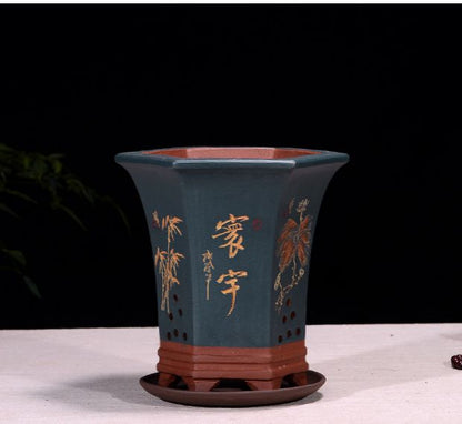 Fine Zisha Flowerpot Hand-carved Hexagonal