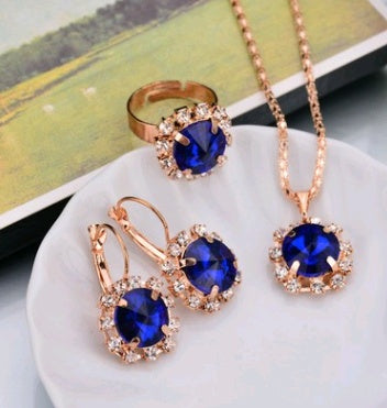 Europe And The United States Personalized Water Drop Color Diamond Necklace, Earrings, Rings Set, Shiny High-end Bridal Jewel