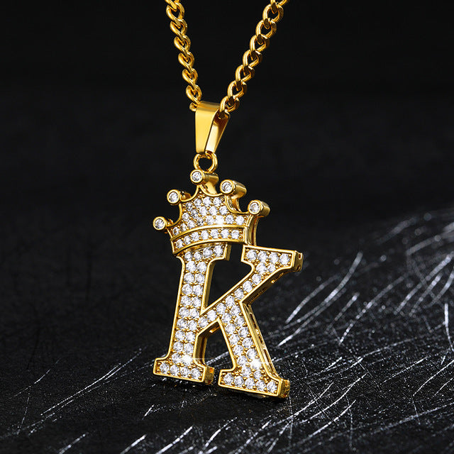 Crown Pendant Stainless Steel Letter Necklace 555313641451