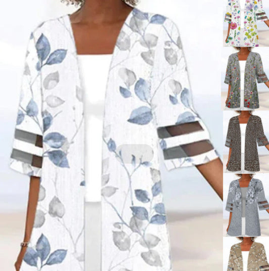 Floral Print Mid Length Sleeves Loose Small Coat 557271cd d19f 4f10 93f4 29e55c7ea818