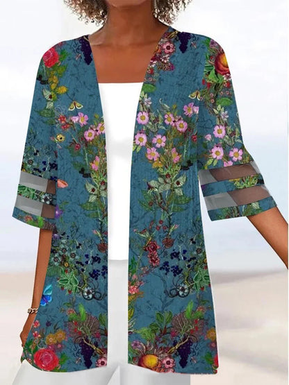 Floral Print Mid Length Sleeves Loose Small Coat 55cbb17e e7e0 4bd8 8a5e fa78ee25498b