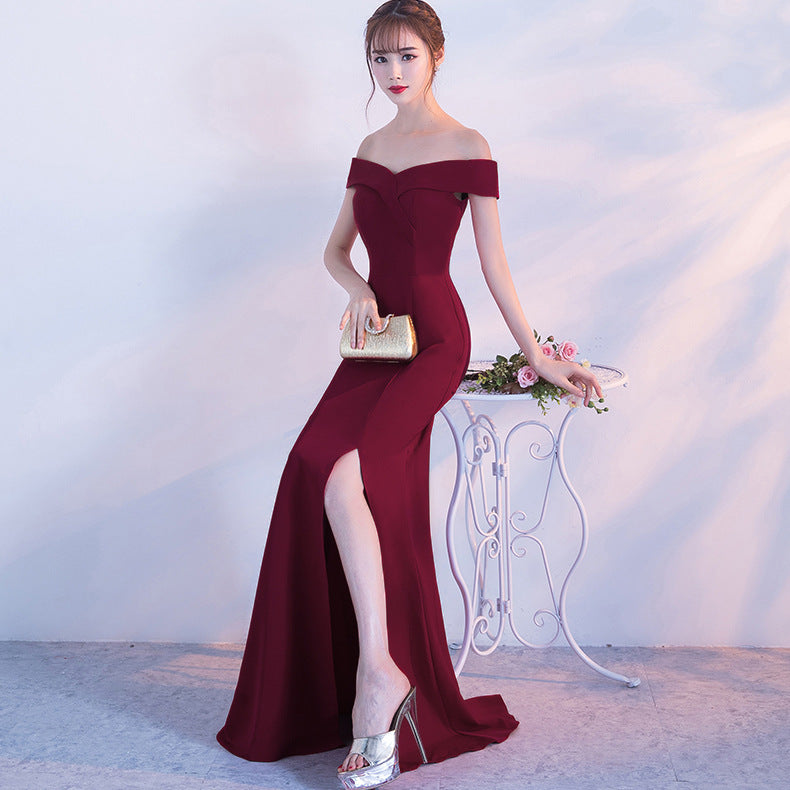 Banquet evening dress word-shoulder fishtail dress 5615860793154