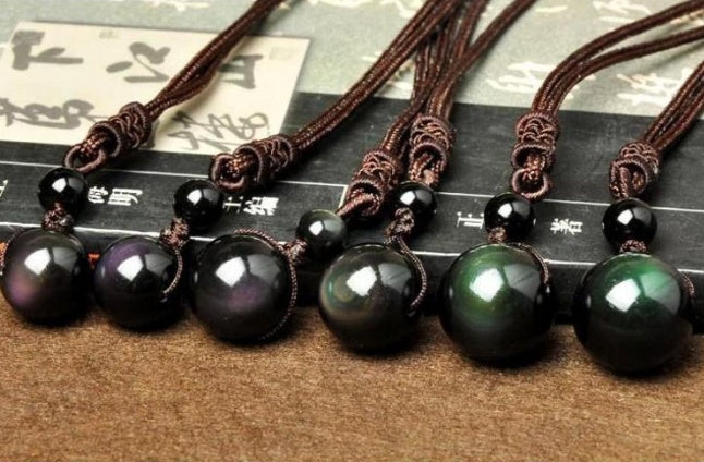 Natural Obsidian Rainbow Eye Transfer Good Luck Bead Pendant Necklace Polyester Rope Chain Necklace Jewelry For Woman 5714515