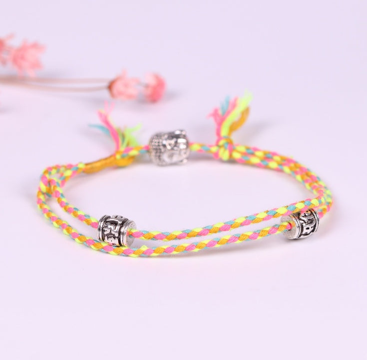 Hand-woven colorful lucky rope bracelet adjustable silver Buddha head double simple bracelet 572182636831