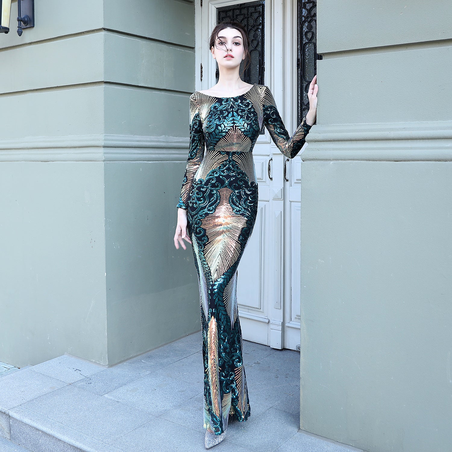 Fashion Stitching Mopping Long Sequin Dress 57660128 c889 476b 811d 8e8b9ea08f2d