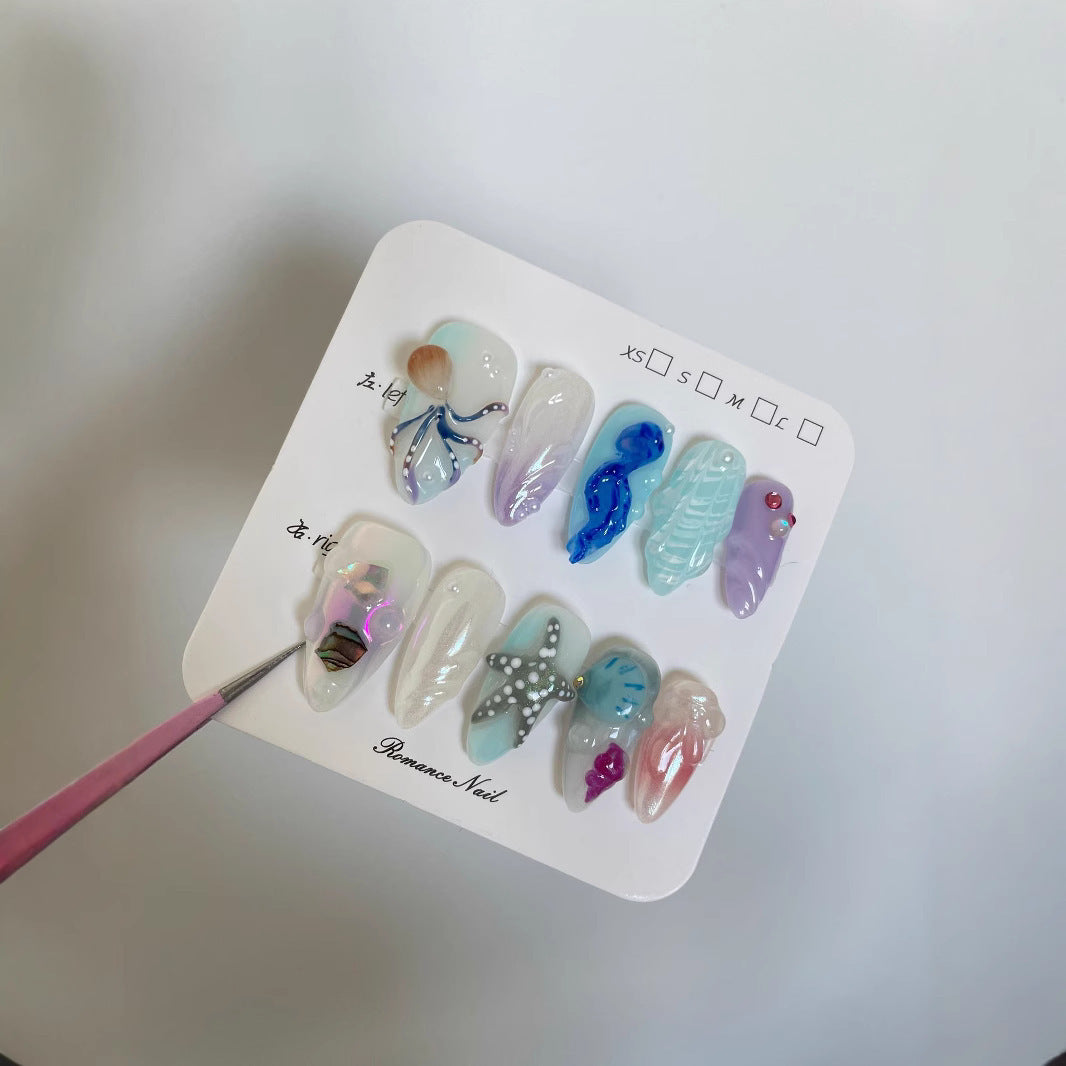 Hand-painted Happy Underwater World White Advanced Long Manicure 57fc09cd 4c93 450a ae4c fe9a1e7c70b8