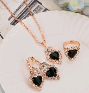Europe And The United States Personalized Water Drop Color Diamond Necklace, Earrings, Rings Set, Shiny High-end Bridal Jewel