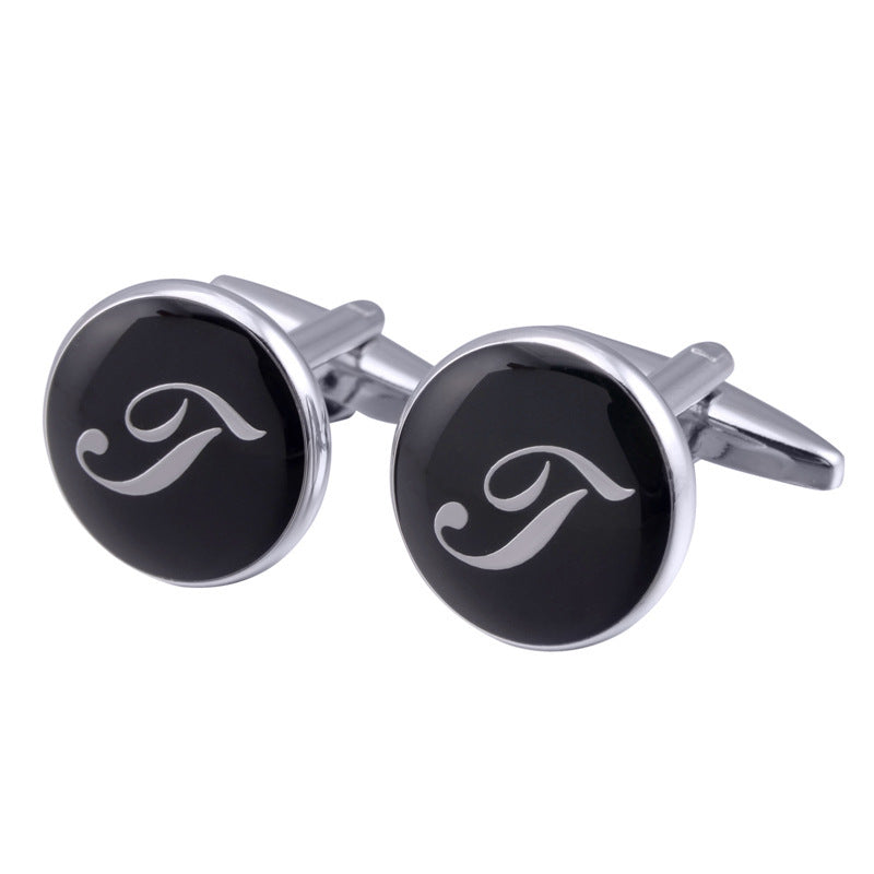 French Cufflinks black round Enamel Traditional letter Cufflinks 5828354296313